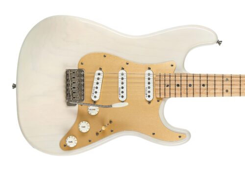 Cream-colored electric guitar body with a gold pickguard and three single-coil pickups, shown from the lower half with strings and control knobs visible.
