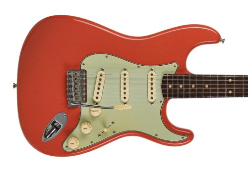Red electric guitar body with cream pickguard and three pickups, shown from the lower half.