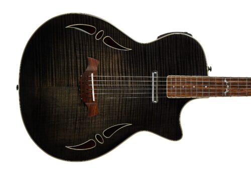 Close-up of a dark-finish archtop guitar body with decorative f-holes and cream binding edges.