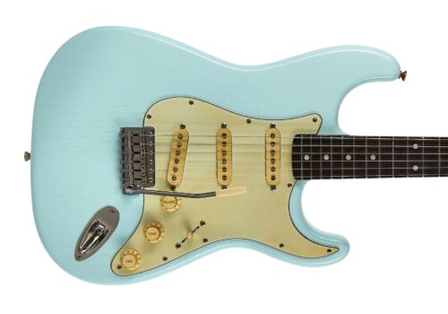 Blue-green electric guitar body with cream pickups and knobs, shown from the lower bout, strings and hardware visible.
